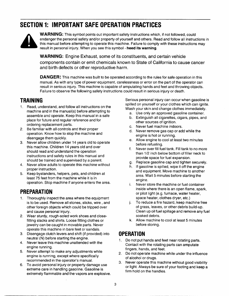 Training, Preparation, Operation | MTD 21A-450 Series User Manual | Page 3 / 20