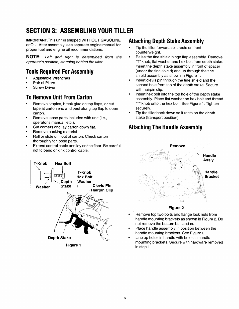 Tools required for assembly, To remove unit from carton, Attaching depth stake assembiy | Attaching the handle assembly | MTD 21A-450 Series User Manual | Page 6 / 20