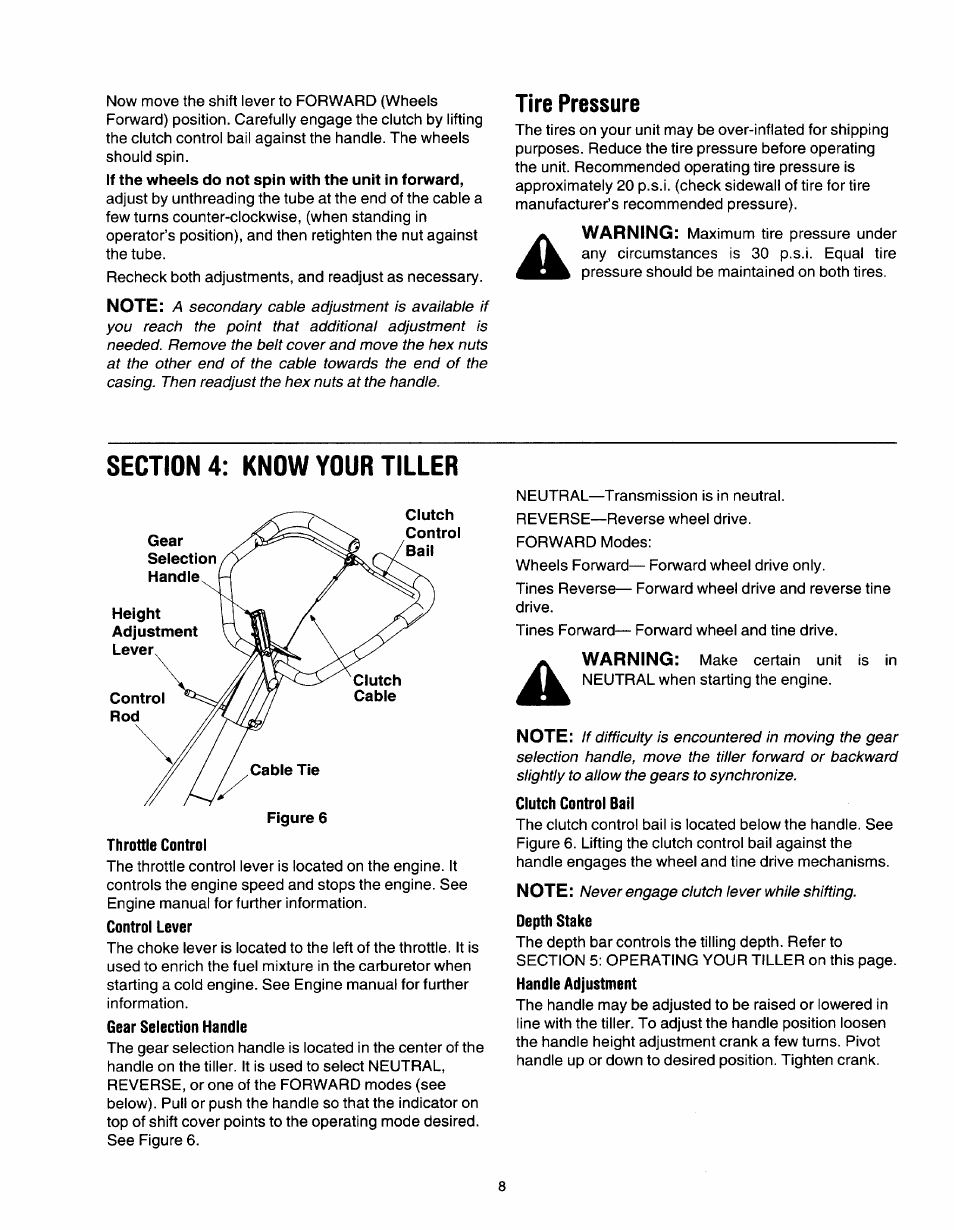 Tire pressure, Throttle control, Control lever | Gear selection handle, Clutch control bail, Depth stake, Handle adjustment | MTD 21A-450 Series User Manual | Page 8 / 20