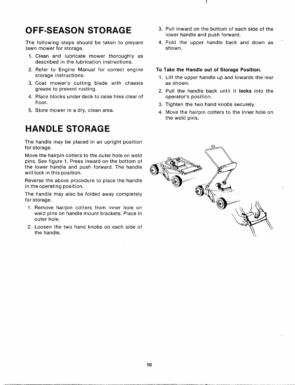 To take the handle out of storage position, Off season storage, Handle storage | MTD 110-152A User Manual | Page 10 / 14