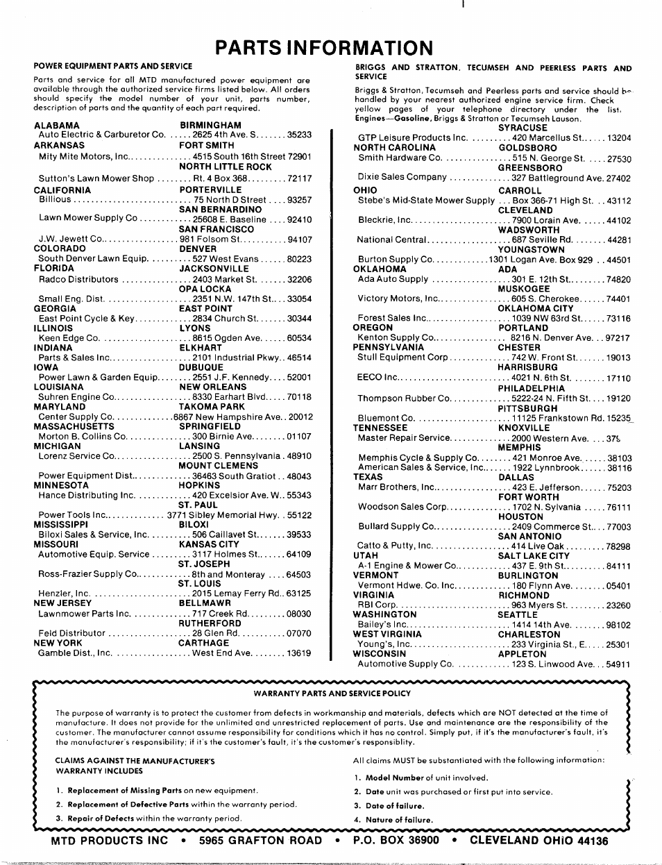 Parts information | MTD 110-152A User Manual | Page 14 / 14