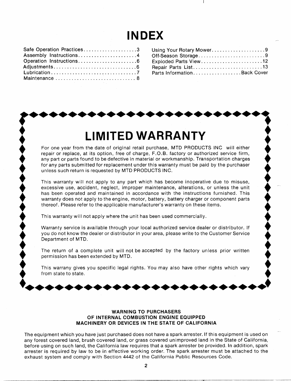 Index, Limited warranty | MTD 110-152A User Manual | Page 2 / 14