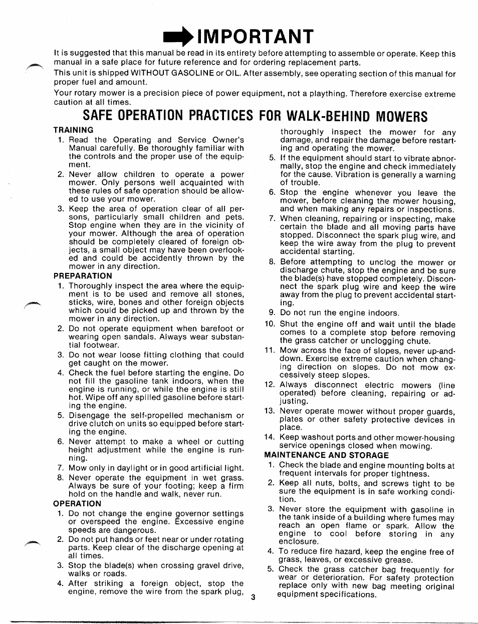 Important, Training, Preparation | Operation, Maintenance and storage, Safe operation practices for walk-behind mowers | MTD 110-152A User Manual | Page 3 / 14