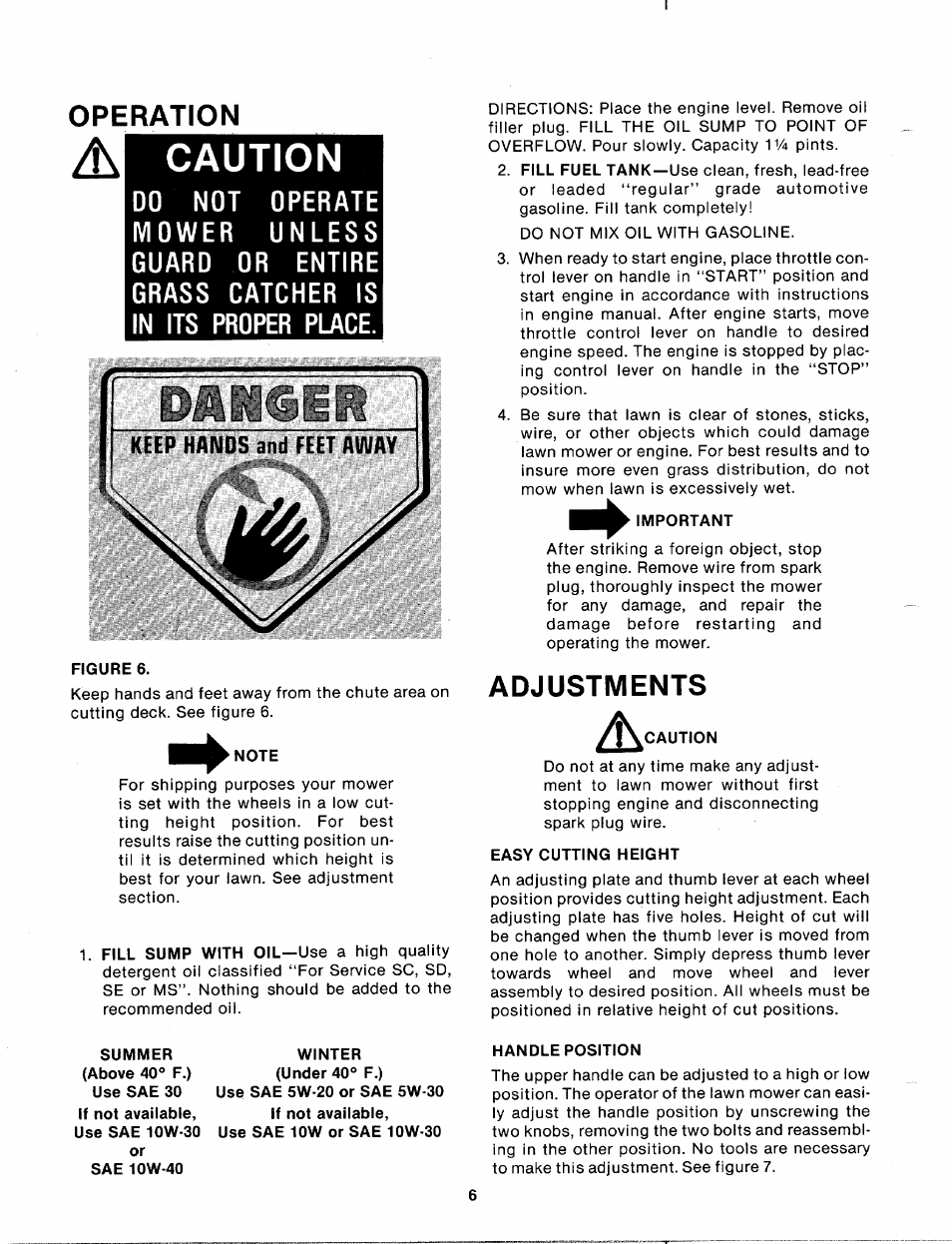 Caution, Operation, Adjustments | MTD 110-152A User Manual | Page 6 / 14