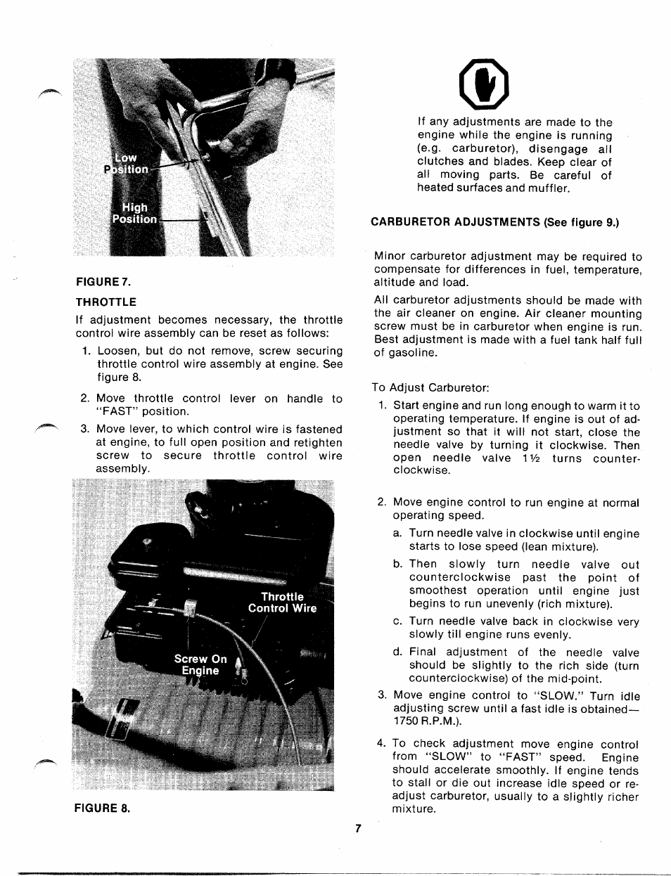 Figure, Throttle, Carburetor adjustments (see figure 9.) | MTD 110-152A User Manual | Page 7 / 14