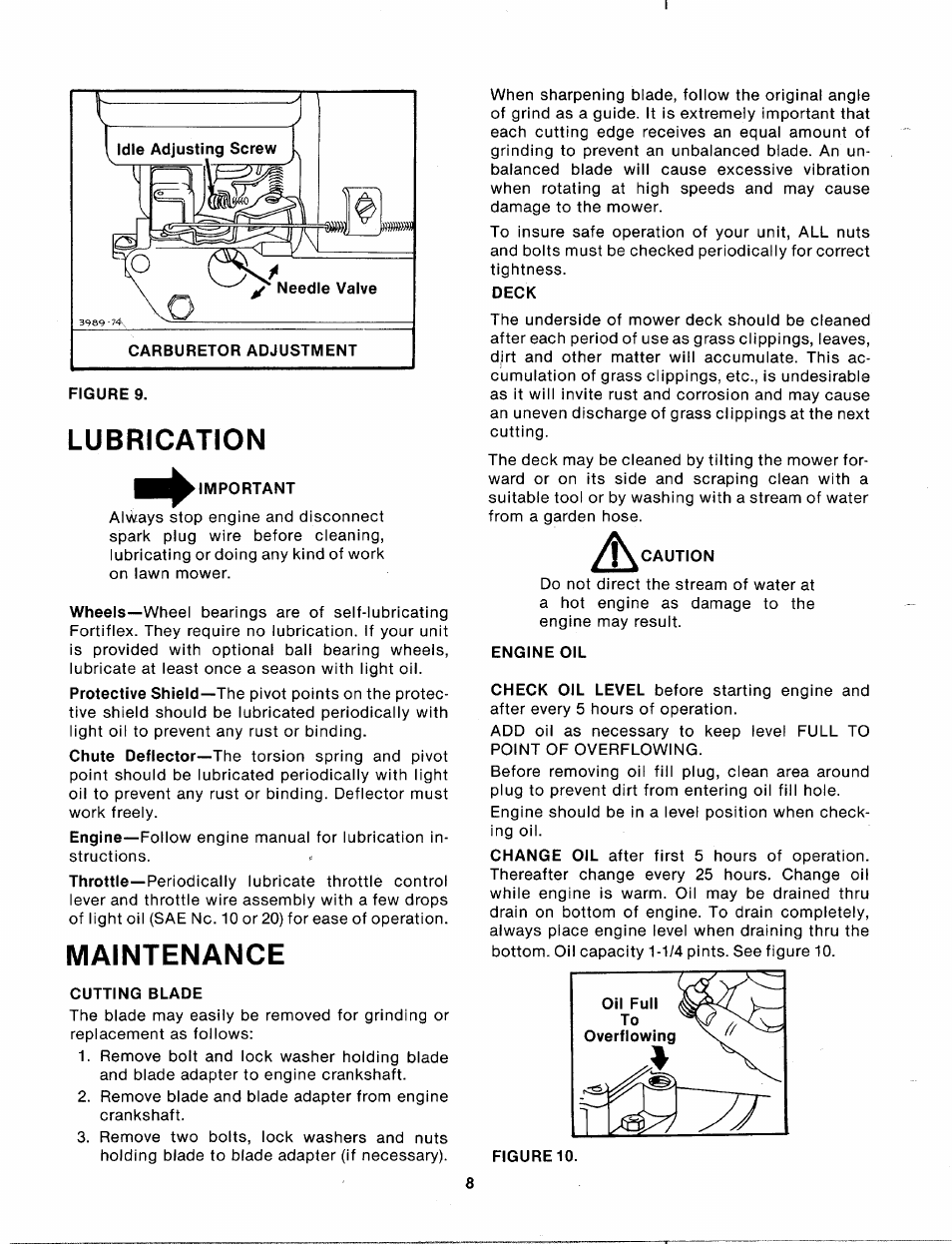 Lubrication, Important, Maintenance | Cutting blade, Deck, Engine oil | MTD 110-152A User Manual | Page 8 / 14