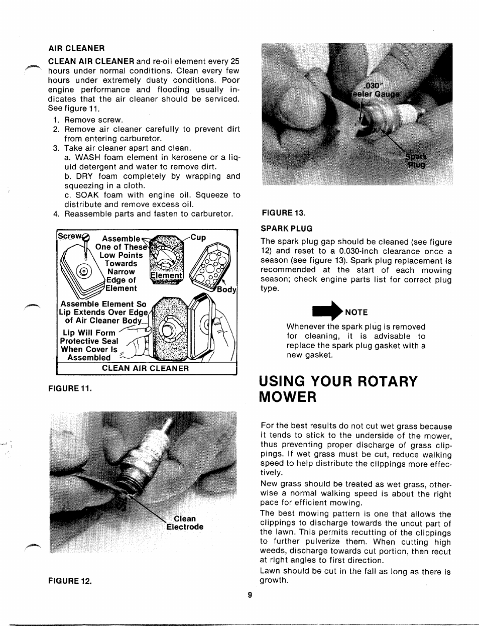 Air cleaner, Clean air cleaner, Figure 11 | Sparkplug, Clean, Using your rotary mower | MTD 110-152A User Manual | Page 9 / 14