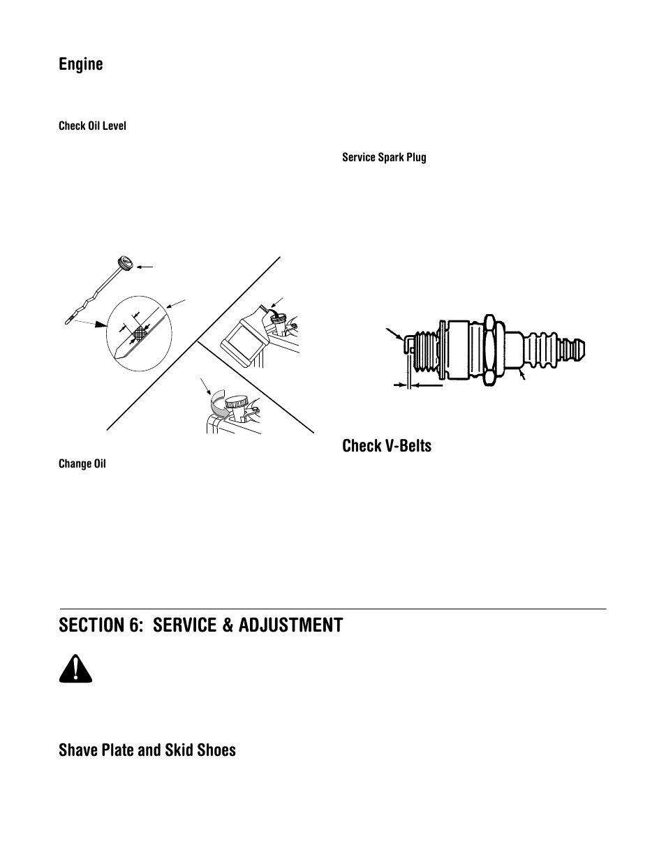 Engine, Check v-belts, Shave plate and skid shoes | Ab c | MTD 380 User Manual | Page 11 / 20