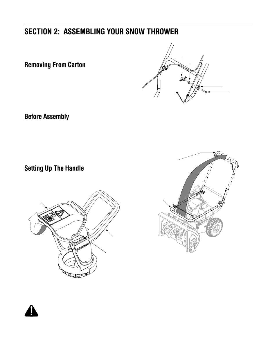 Removing from carton, Before assembly, Setting up the handle | Chute clean-out tool | MTD 380 User Manual | Page 5 / 20