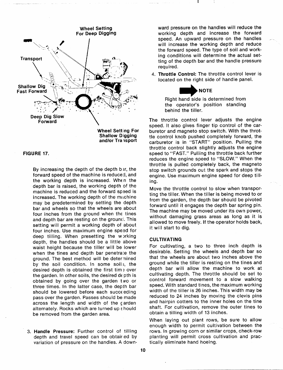 Wheel setting for deep digging, Note, Cultivating | MTD 215-386-000 User Manual | Page 10 / 20