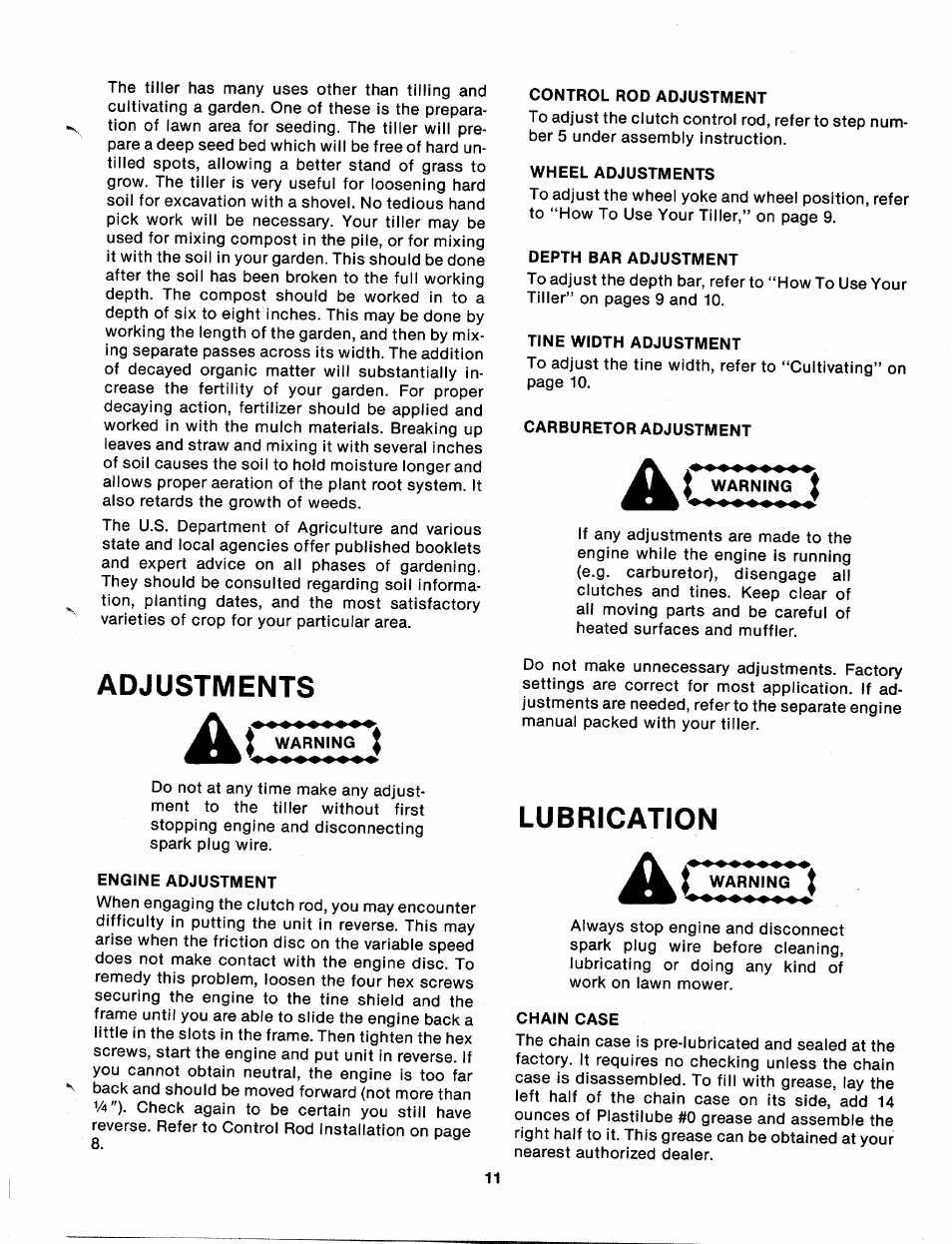 Ac warning ), Engine adjustment, Control rod adjustment | Wheel adjustments, Depth bar adjustment, Tine width adjustment, Carburetor adjustment, Ac warning, Chain case, Adjustments | MTD 215-386-000 User Manual | Page 11 / 20