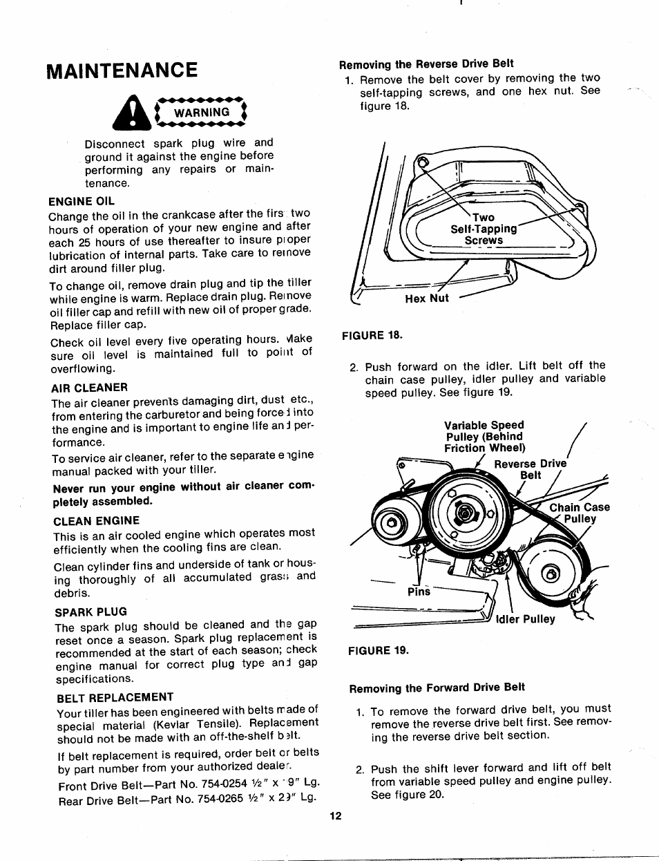 Ac warning, Engine oil, Air cleaner | Clean engine, Spark plug, Belt replacement, Removing the reverse drive belt, Removing the forward drive belt, Maintenance | MTD 215-386-000 User Manual | Page 12 / 20