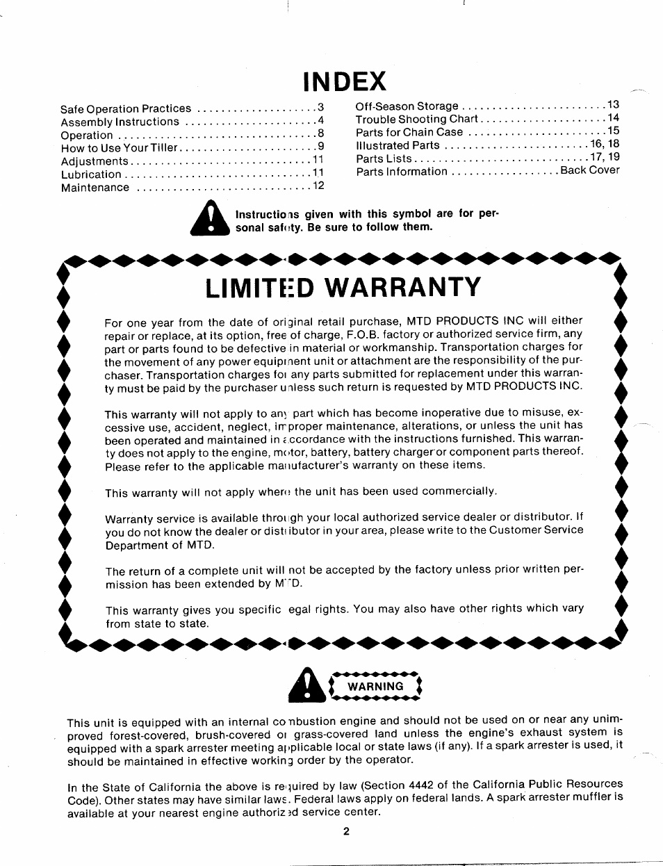 Index, Limited warranty, Ac warning f | MTD 215-386-000 User Manual | Page 2 / 20