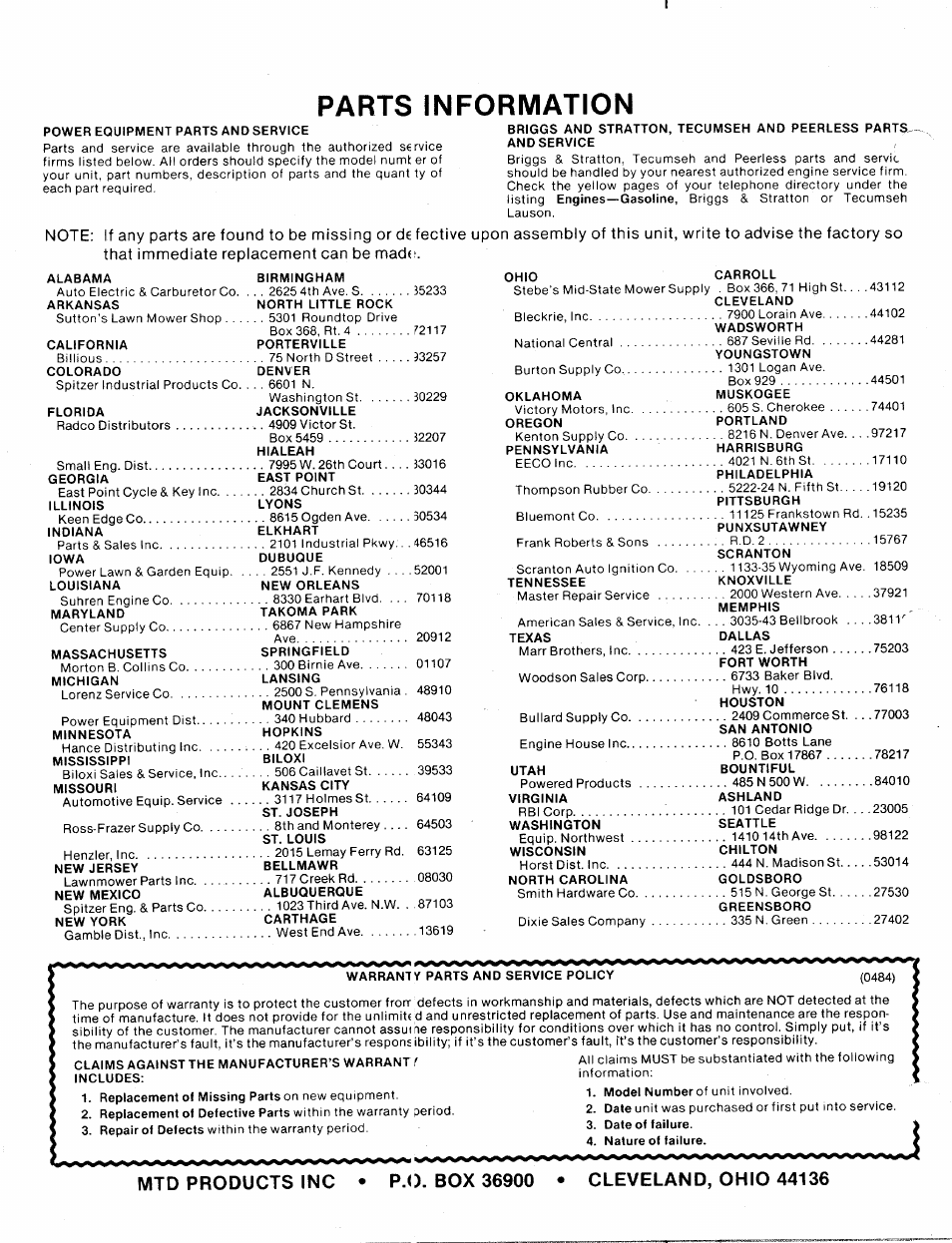 Parts information | MTD 215-386-000 User Manual | Page 20 / 20