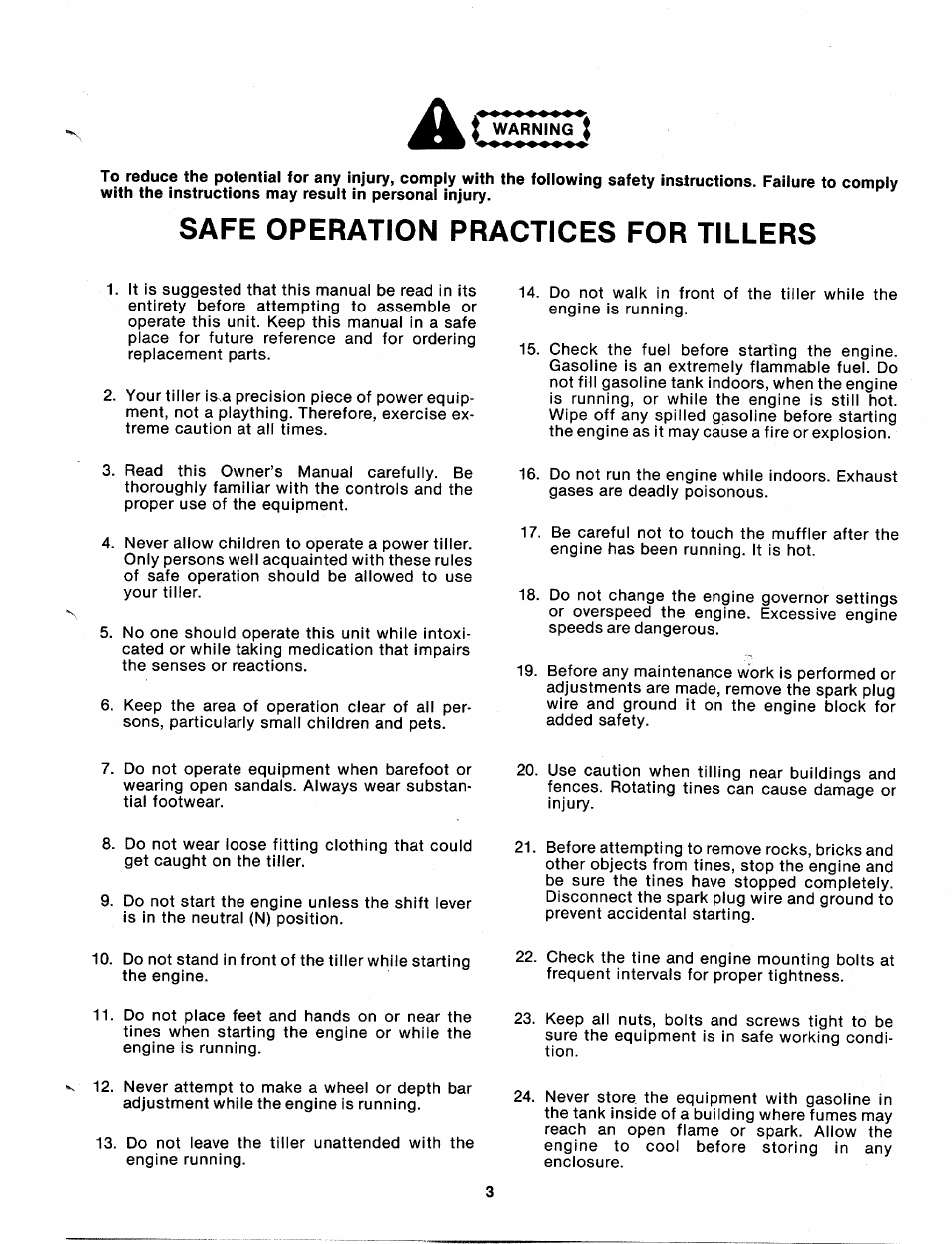 Safe operation practices for tillers | MTD 215-386-000 User Manual | Page 3 / 20