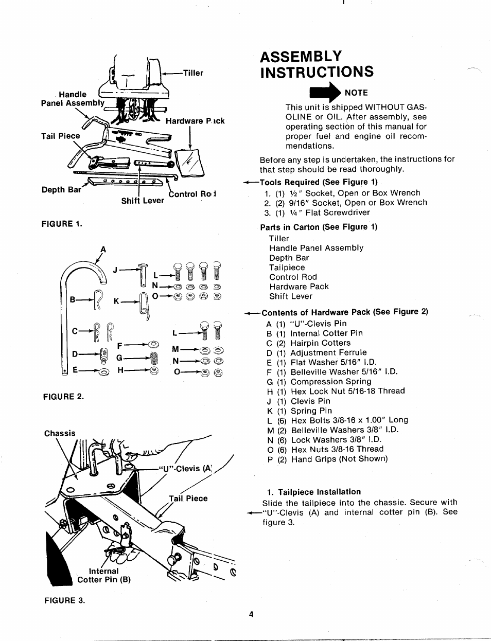 Note, Contents of hardware pack (see figure 2), Tailpiece installation | Assembly instructions | MTD 215-386-000 User Manual | Page 4 / 20