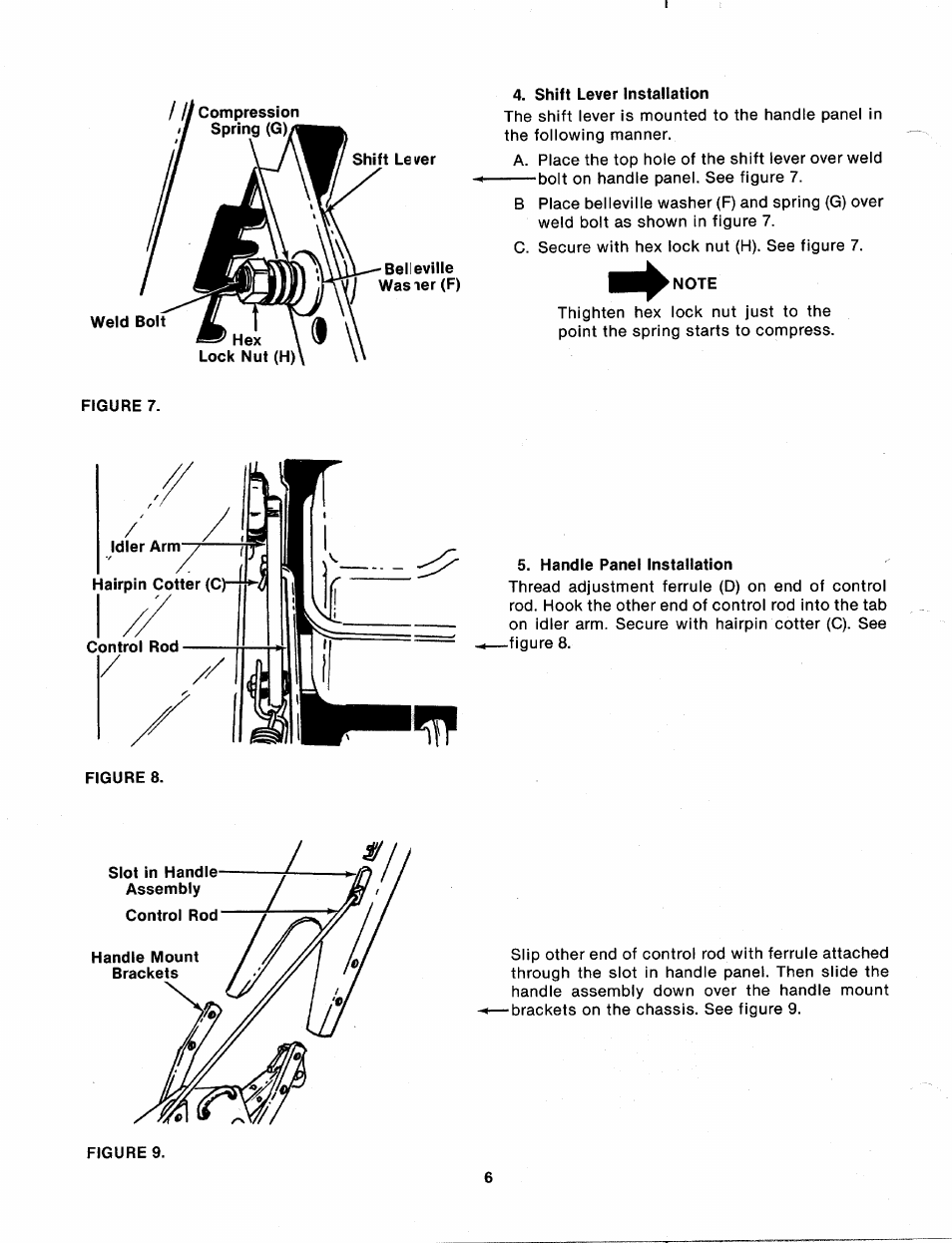 Shift lever installation, Note, Handle panel installation | MTD 215-386-000 User Manual | Page 6 / 20