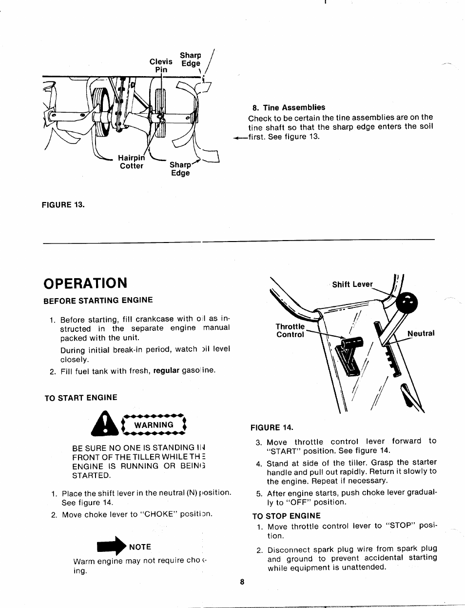 Tine assemblies, Before starting engine, To start engine | Ac warning, Note, To stop engine, Operation | MTD 215-386-000 User Manual | Page 8 / 20