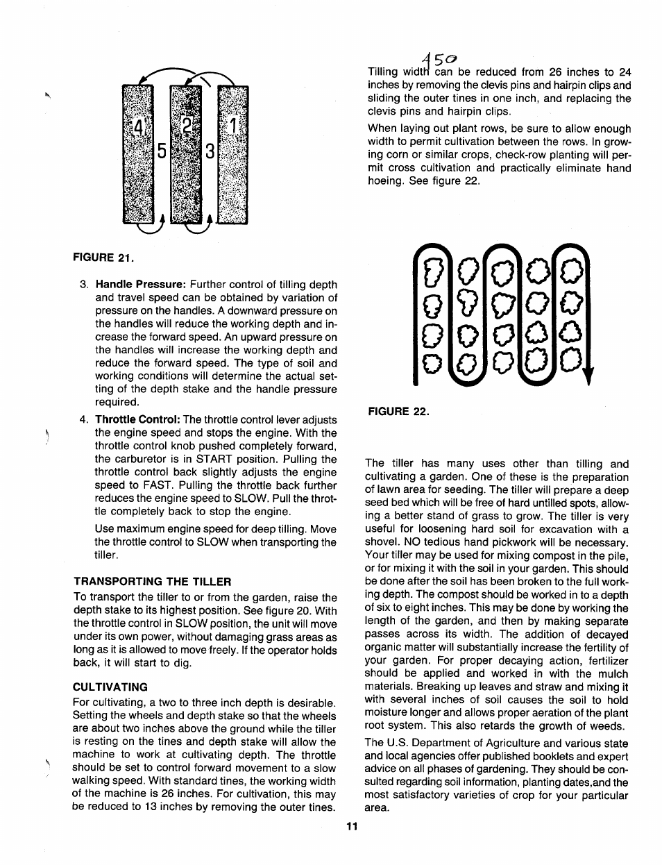 Figure 21, Transporting the tiller, Cultivating | Figure 22 | MTD 219-320-000 User Manual | Page 11 / 20