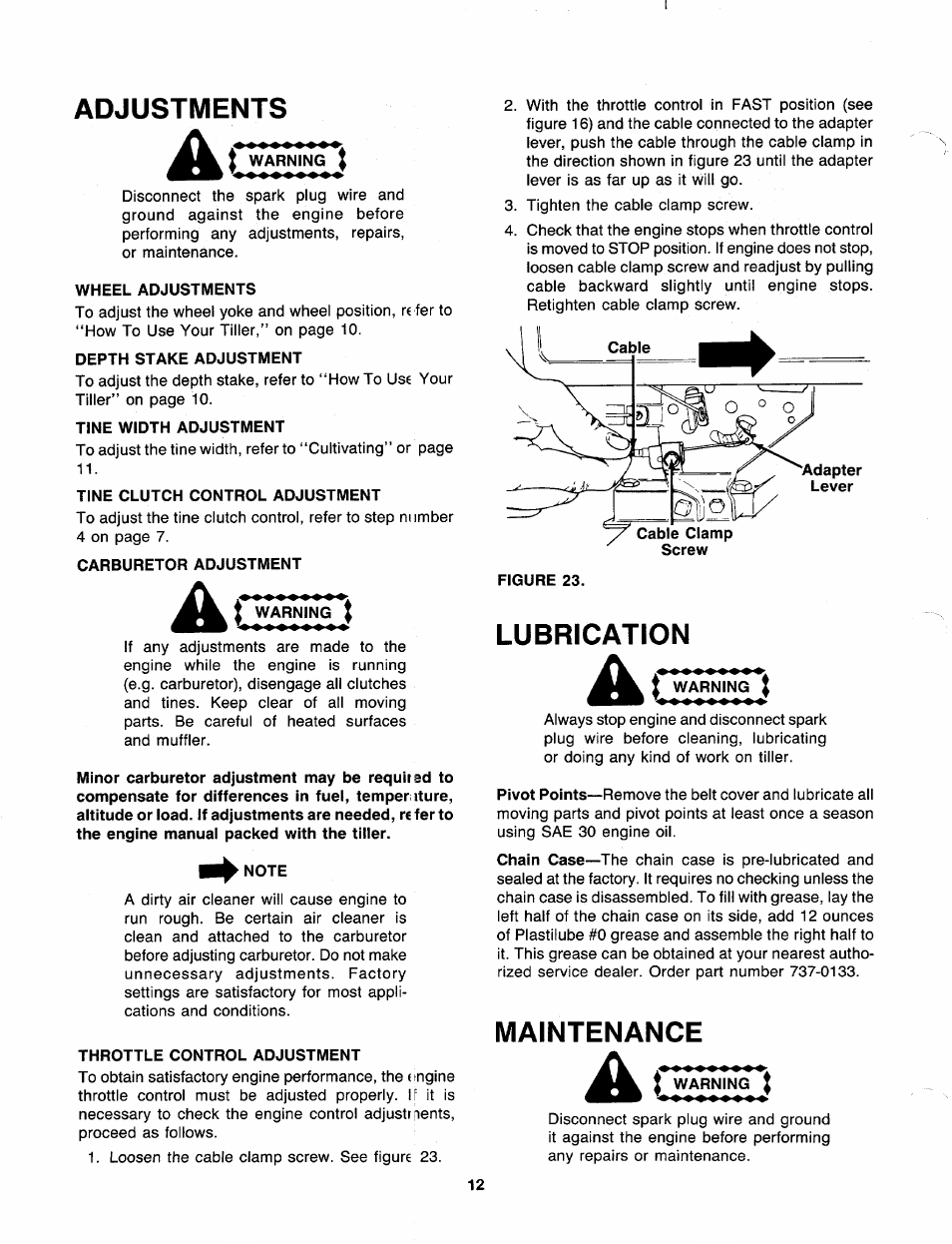 Adjustments, I warning, Wheel adjustments | Depth stake adjustment, Tine width adjustment, Tine clutch control adjustment, Carburetor adjustment, Note, Throttle control adjustment, Lubrication | MTD 219-320-000 User Manual | Page 12 / 20