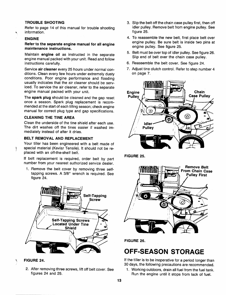 Trouble shooting, Engine, Cleaning the tine area | Belt removal and replacement, Off-season storage | MTD 219-320-000 User Manual | Page 13 / 20