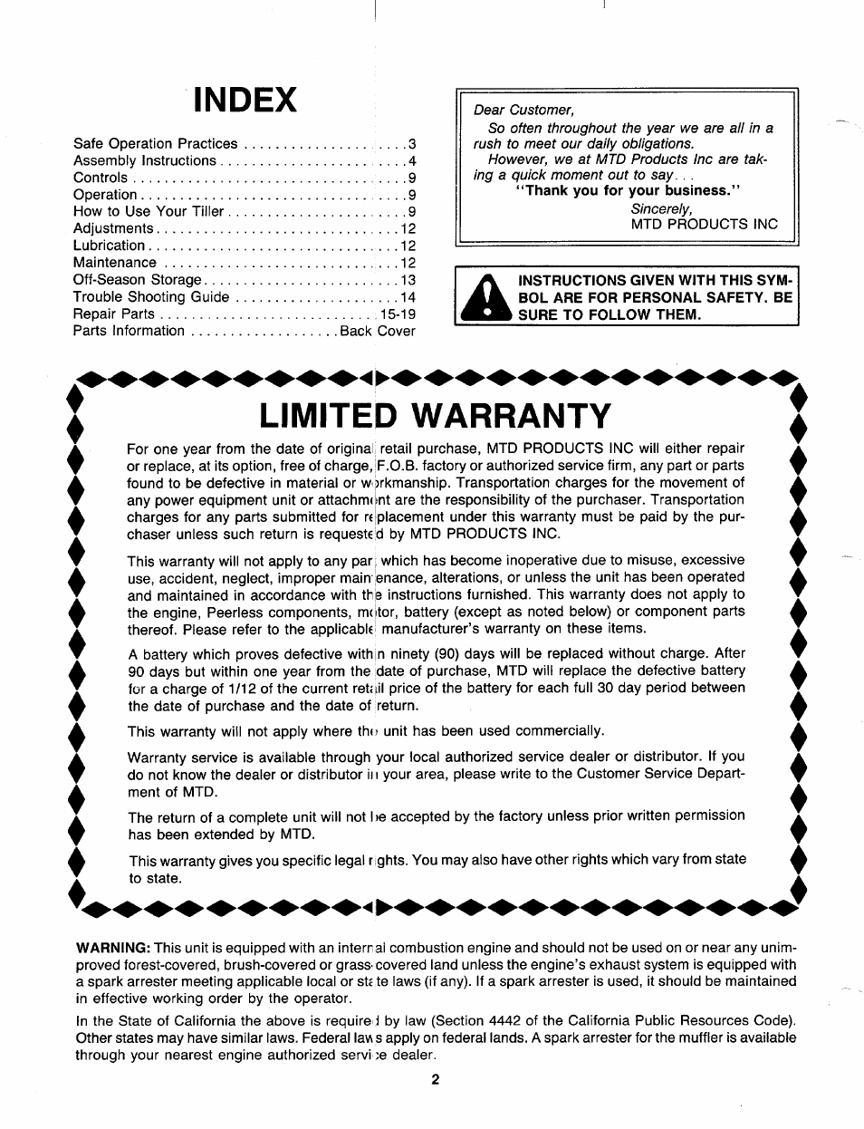 Index, Limited warranty, Vlimited warranty | MTD 219-320-000 User Manual | Page 2 / 20