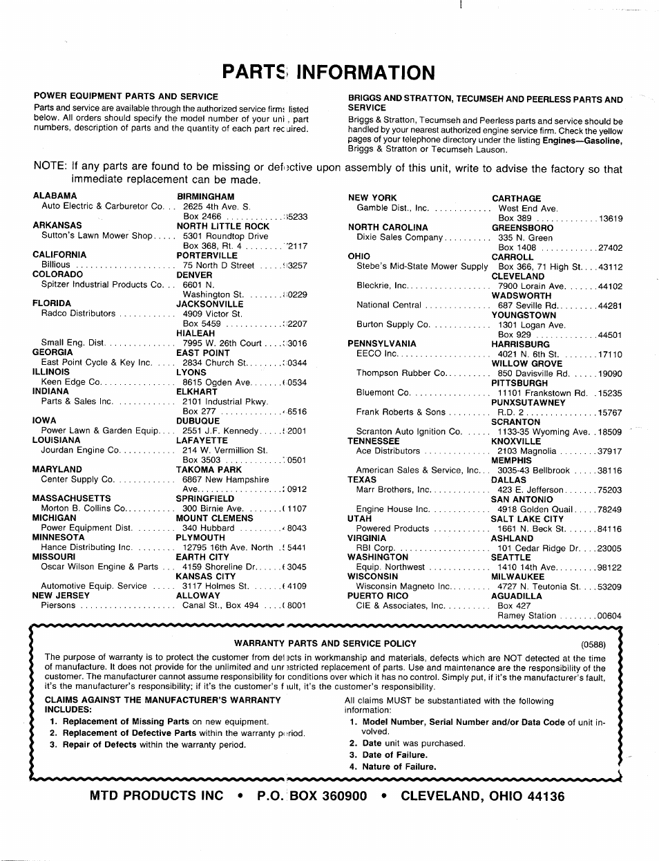 Parts information | MTD 219-320-000 User Manual | Page 20 / 20