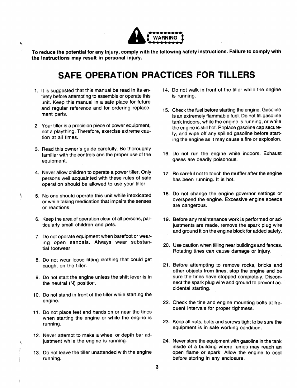 I warning, Safe operation practices for tillers | MTD 219-320-000 User Manual | Page 3 / 20