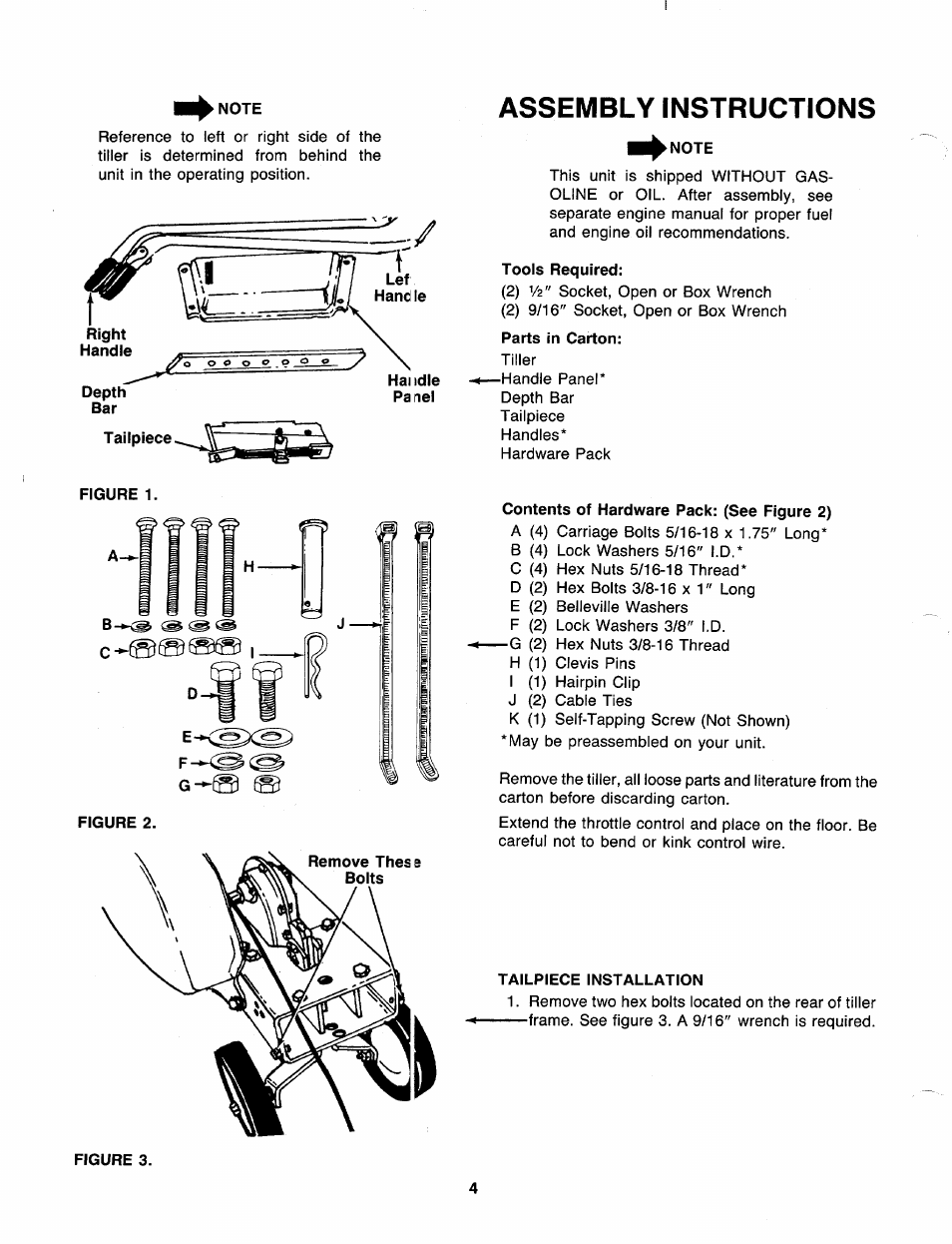 Note, Assembly instructions, Tools required | Parts in carton, Contents of hardware pack: (see figure 2), Tailpiece installation | MTD 219-320-000 User Manual | Page 4 / 20