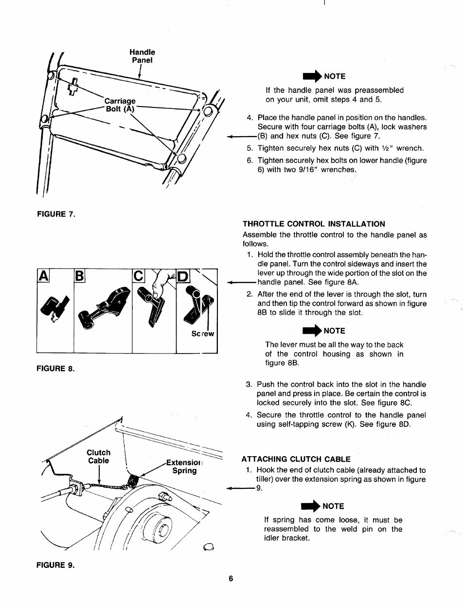 Note, Throttle control installation, Attaching clutch cable | MTD 219-320-000 User Manual | Page 6 / 20