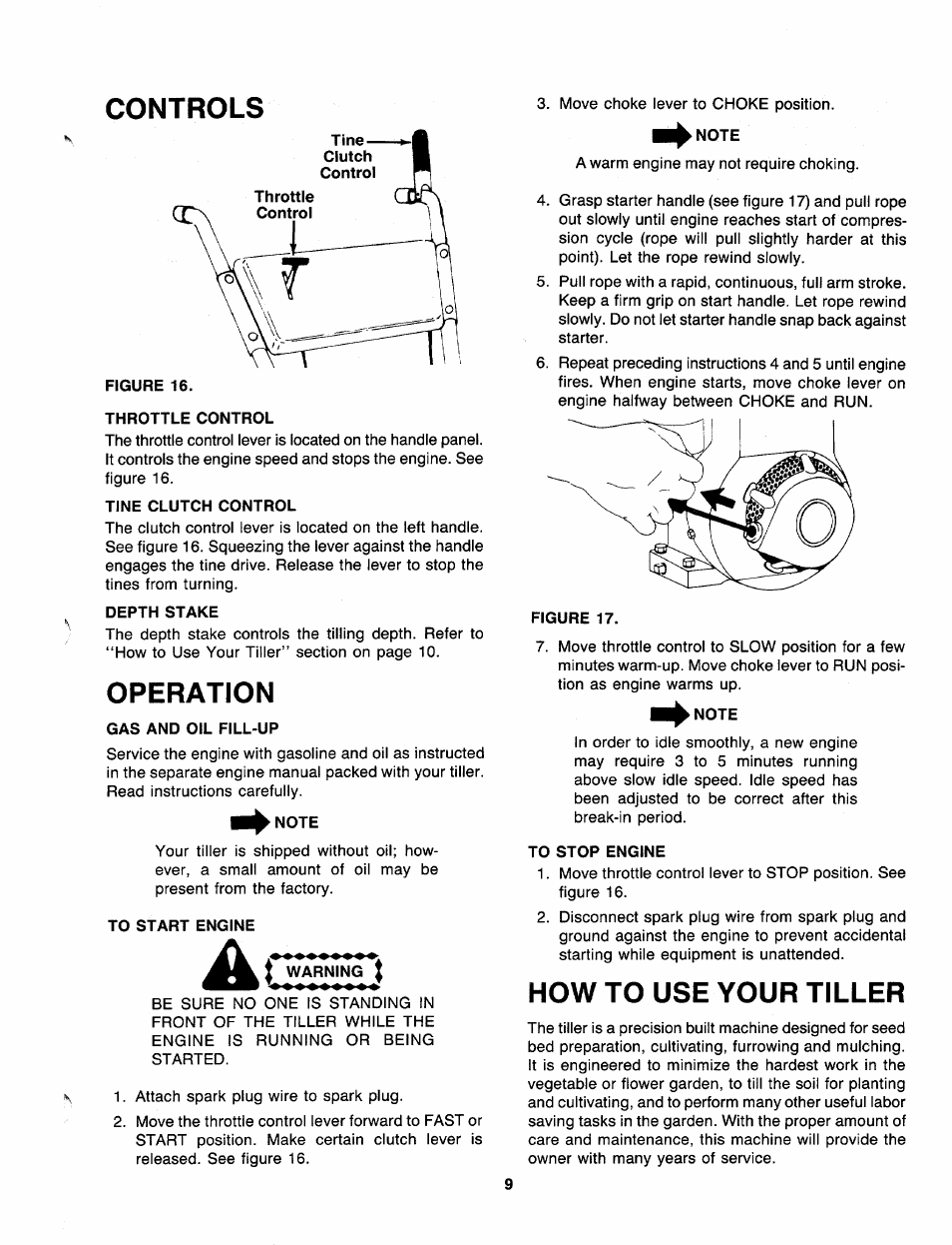 Controls, Figure 16, Throttle control | Tine clutch control, Depth stake, Operation, Gas and oil fill-up, Note, To start engine, Warning i | MTD 219-320-000 User Manual | Page 9 / 20