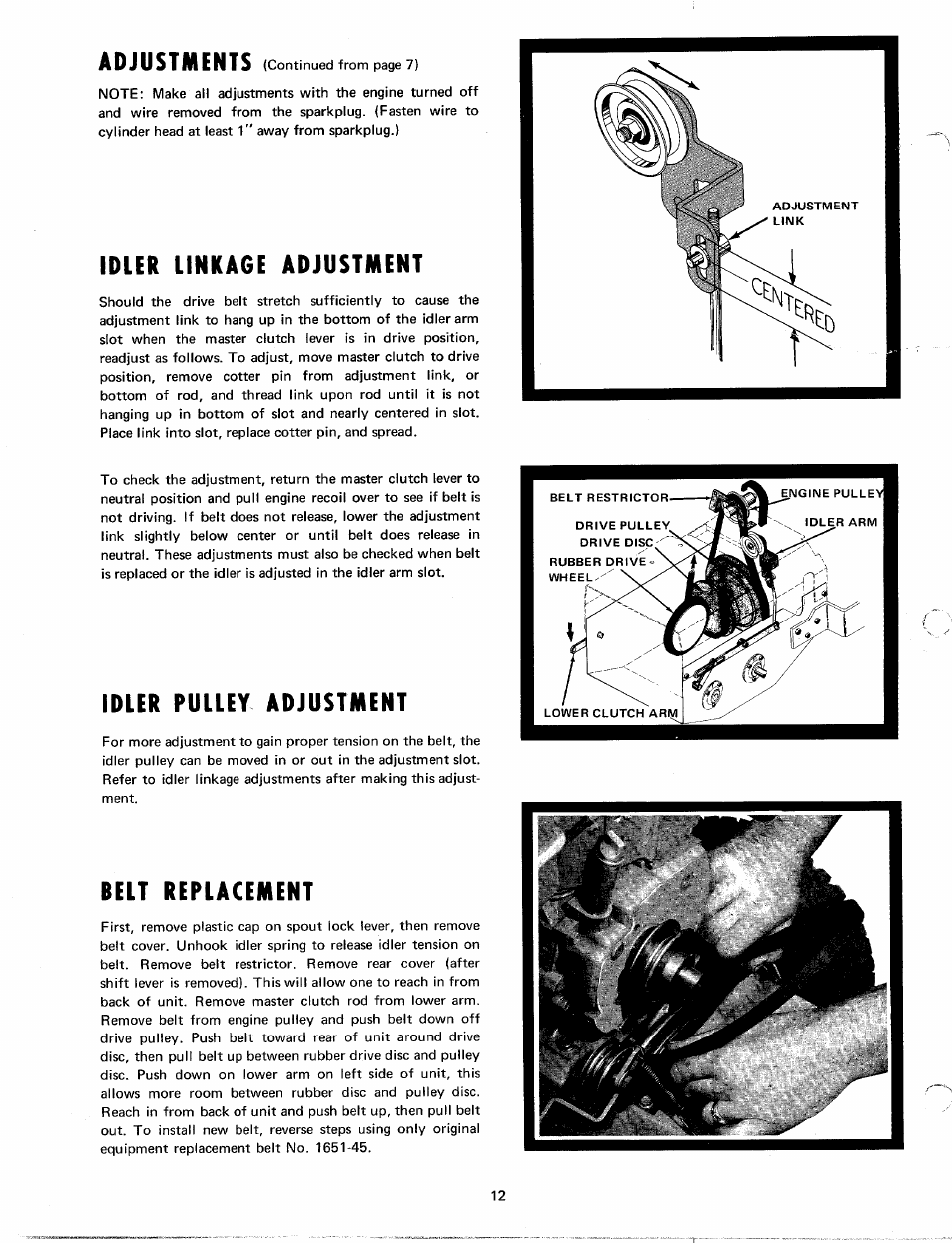 Adjustments, Idler linkage adjustment, Idler pulley adjustment | Belt replacement | MTD Yard-Man 7090-1 User Manual | Page 11 / 14