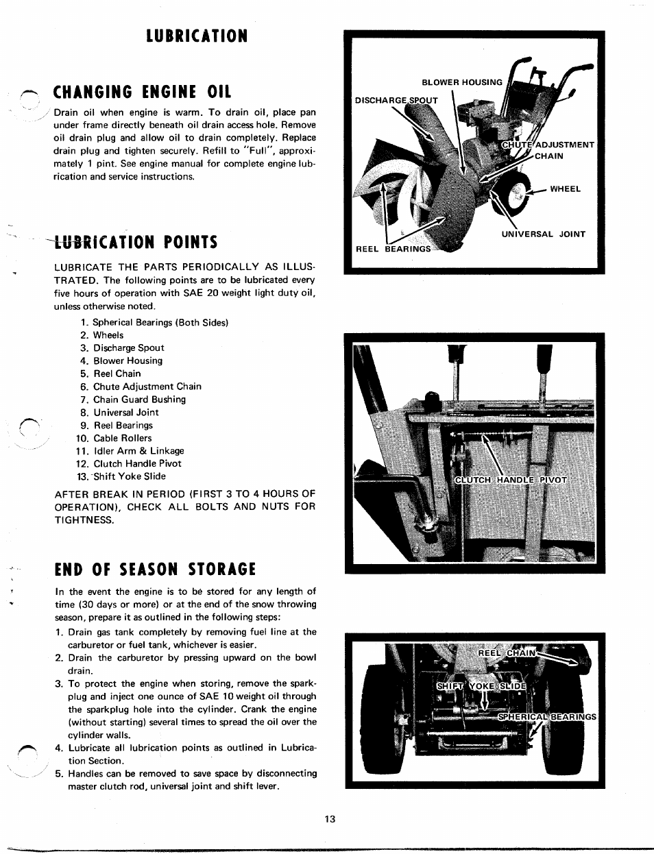 Lubrication, Changing engine oil, Girication points | End of season storage, Lubrication changing engine oil | MTD Yard-Man 7090-1 User Manual | Page 12 / 14