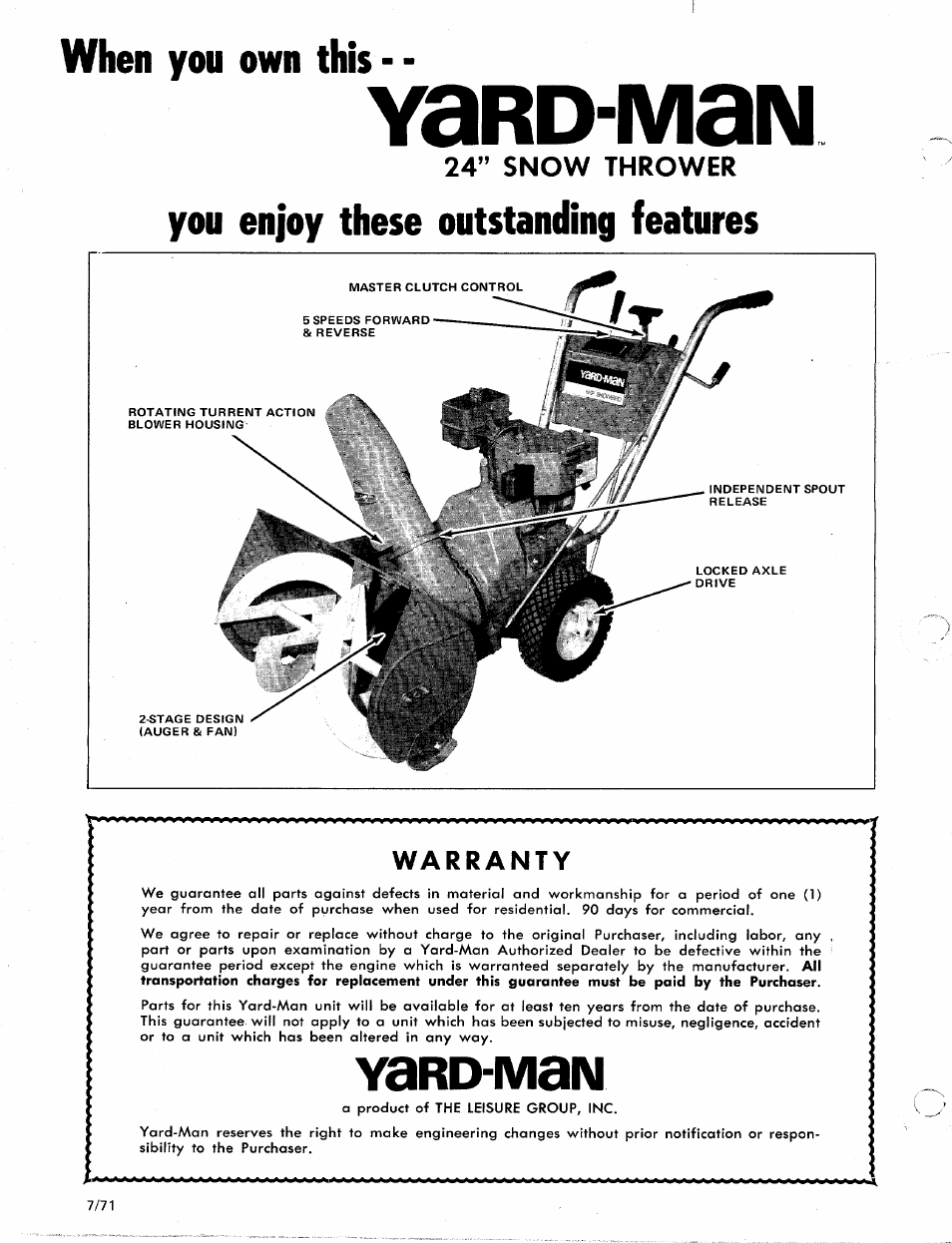 Yard-man, 24” snow thrower, Warranty | When you own this, You enjoy these outstanding features | MTD Yard-Man 7090-1 User Manual | Page 14 / 14