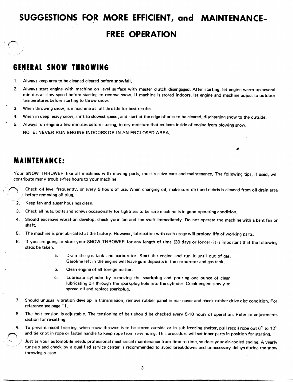 Suggestions for more efficient, and maintenance, Free operation, General snow throwing | Maintenance | MTD Yard-Man 7090-1 User Manual | Page 3 / 14