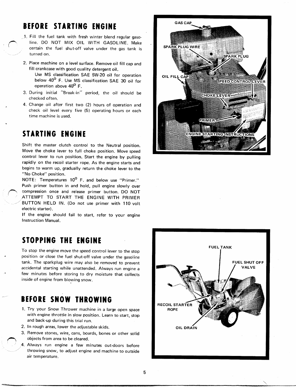 Before starting engine, Starting engine, Stopping the engine | Before snow throwing, Rbefore starting engine | MTD Yard-Man 7090-1 User Manual | Page 5 / 14