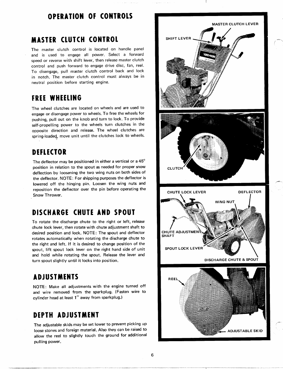 Operation of controls, Master clutch control, Free wheeling | Deflector, Dischargt chute and spout, Adjustments, Depth adjustment, Operation of controls master clutch control | MTD Yard-Man 7090-1 User Manual | Page 6 / 14