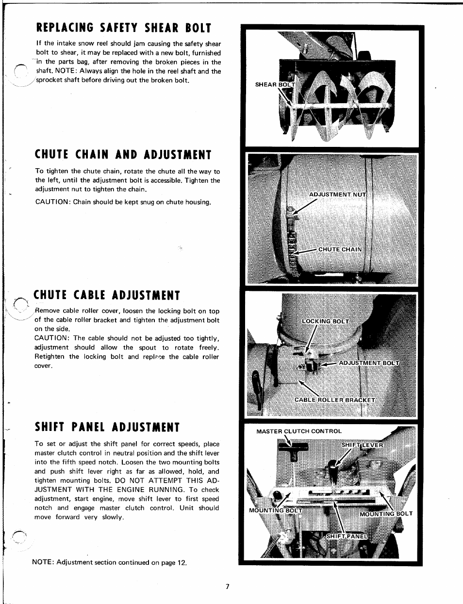 Replacing safety shear bolt, Chute chain and adjustment, Chute cable adjustment | Shift panel adjustment | MTD Yard-Man 7090-1 User Manual | Page 7 / 14