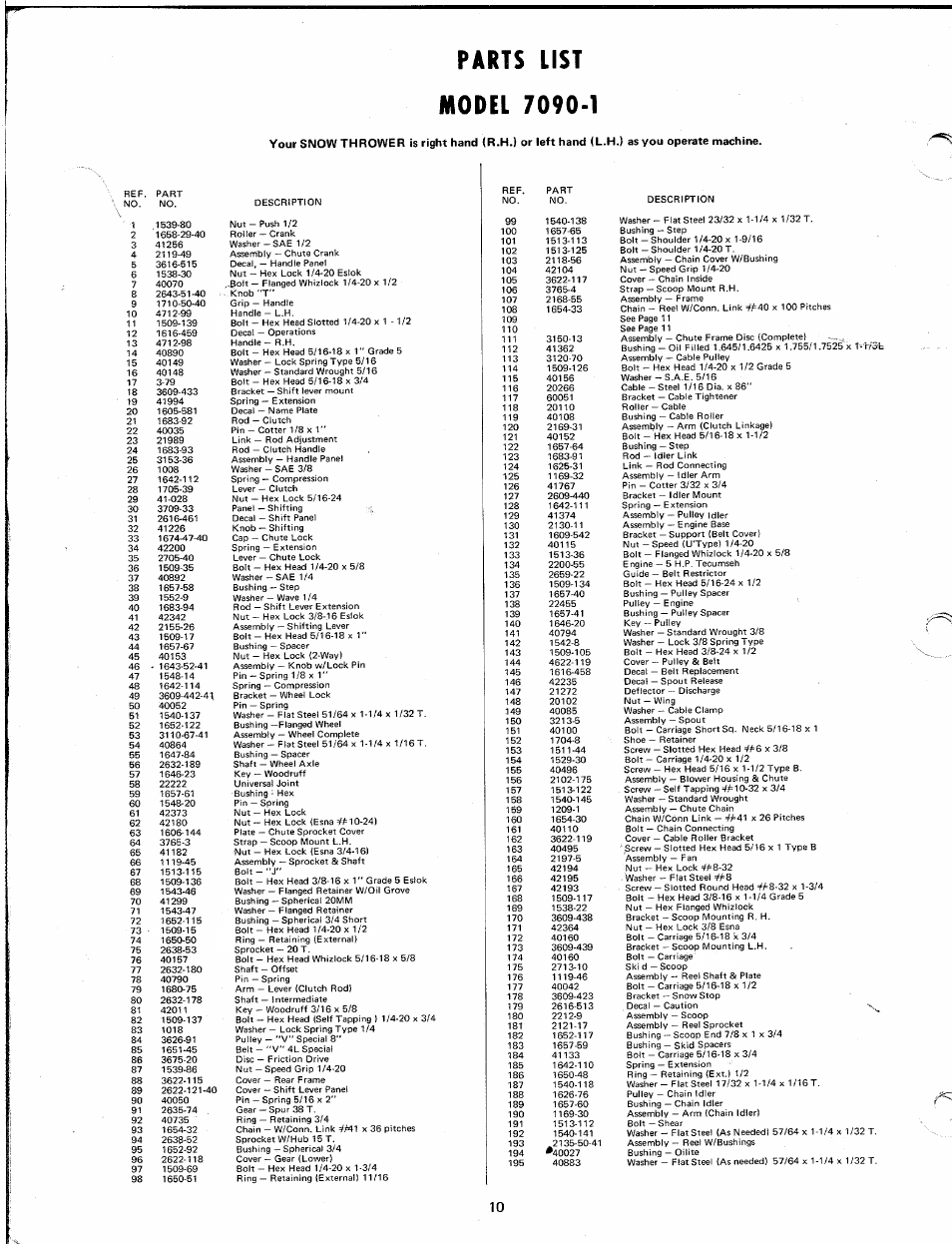 Parts list model 7090-1 | MTD Yard-Man 7090-1 User Manual | Page 9 / 14