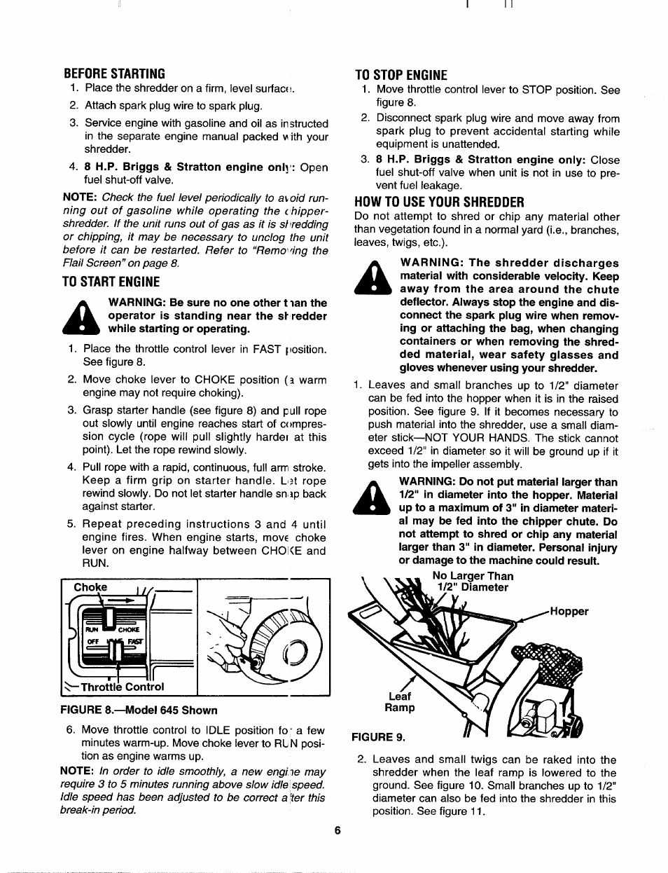 Before starting, To start engine, Figure 8.—model 645 shown | To stop engine, How to use your shredder | MTD 645B thru 651B User Manual | Page 6 / 12