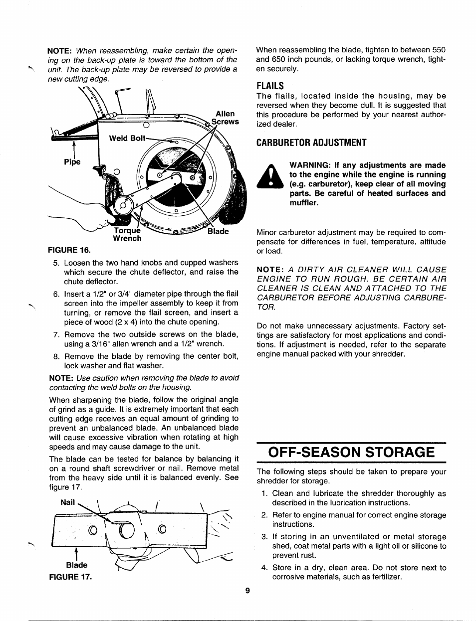 Flails, Carburetor adjustment, Off-season storage | MTD 645B thru 651B User Manual | Page 9 / 12