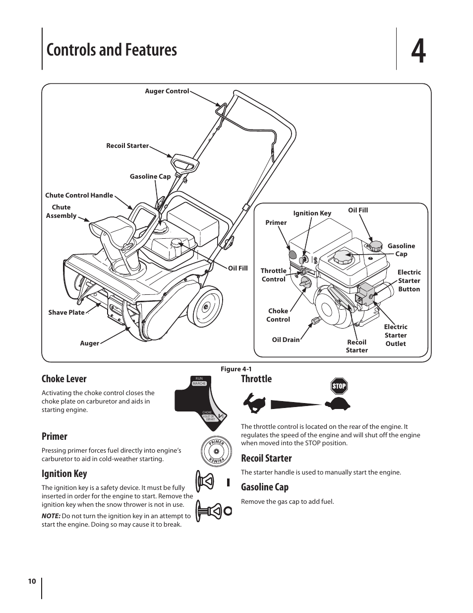 Controls and features, Choke lever, Primer | Ignition key, Throttle, Recoil starter, Gasoline cap | MTD 2N1 User Manual | Page 10 / 28