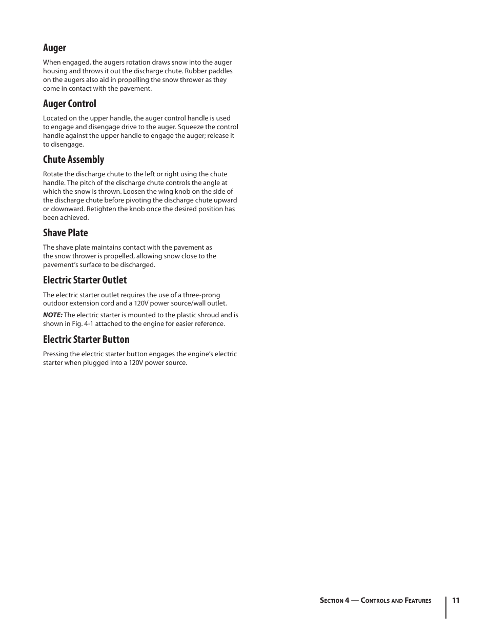 Auger, Auger control, Chute assembly | Shave plate, Electric starter outlet, Electric starter button | MTD 2N1 User Manual | Page 11 / 28