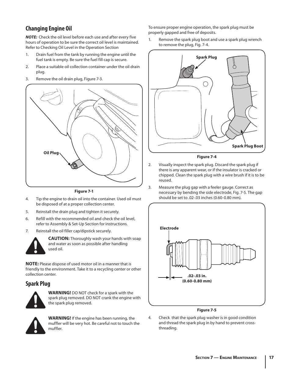 Changing engine oil, Spark plug | MTD 2N1 User Manual | Page 17 / 28