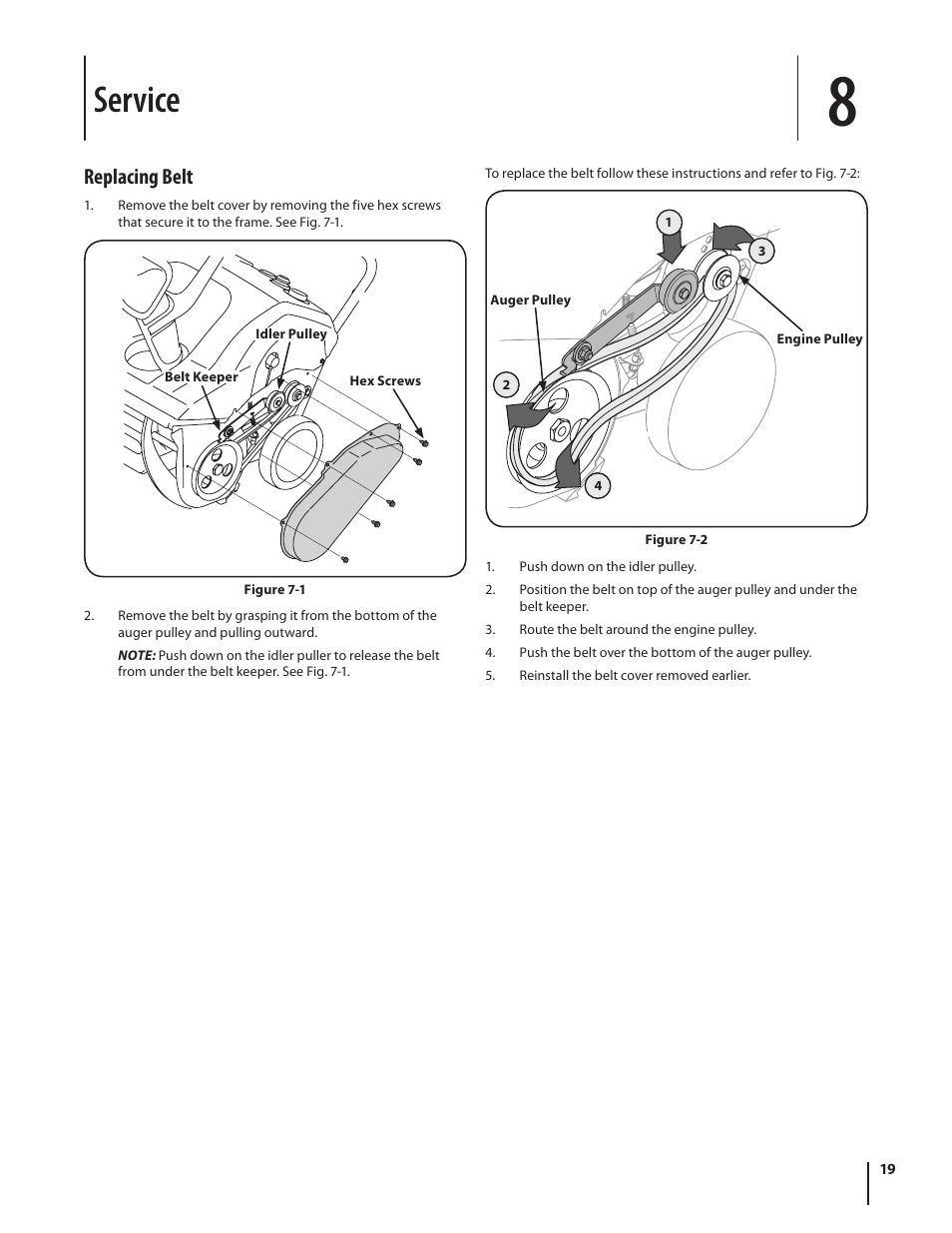 Service, Replacing belt | MTD 2N1 User Manual | Page 19 / 28