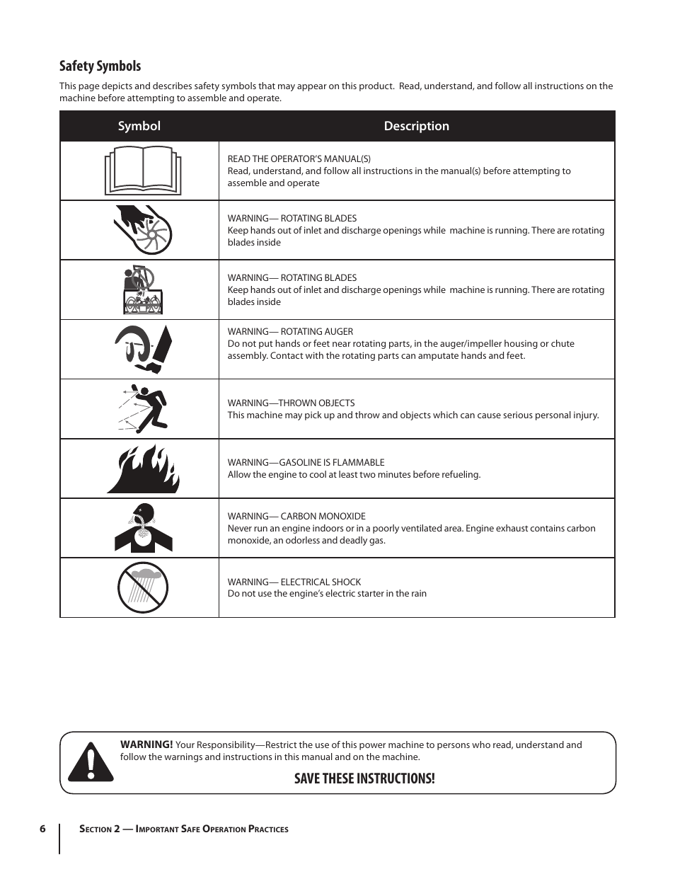 Safety symbols, Save these instructions, Symbol description | MTD 2N1 User Manual | Page 6 / 28