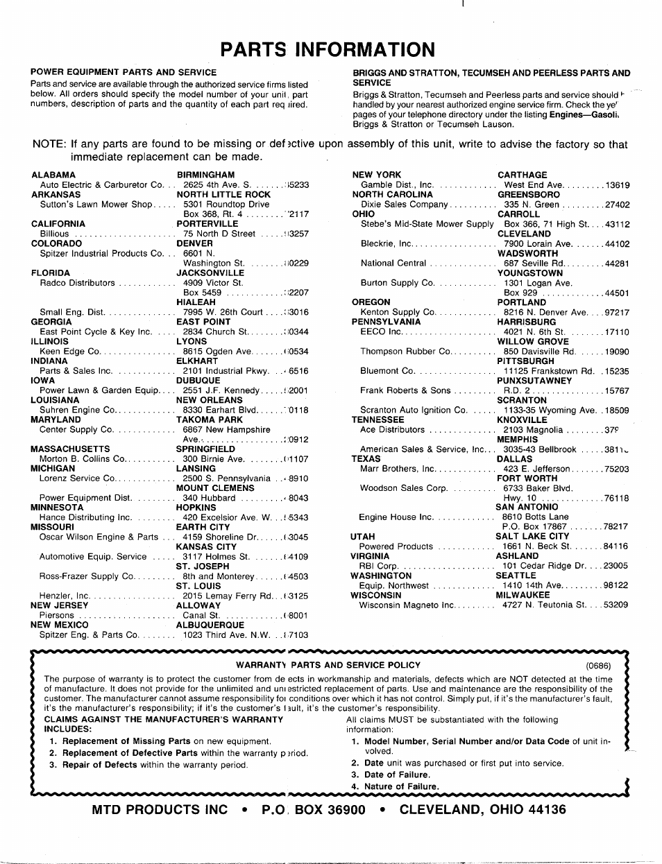 Parts information | MTD 217-310-000 User Manual | Page 20 / 20