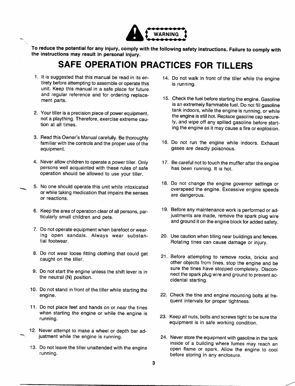 Safe operation practices for tillers | MTD 217-310-000 User Manual | Page 3 / 20