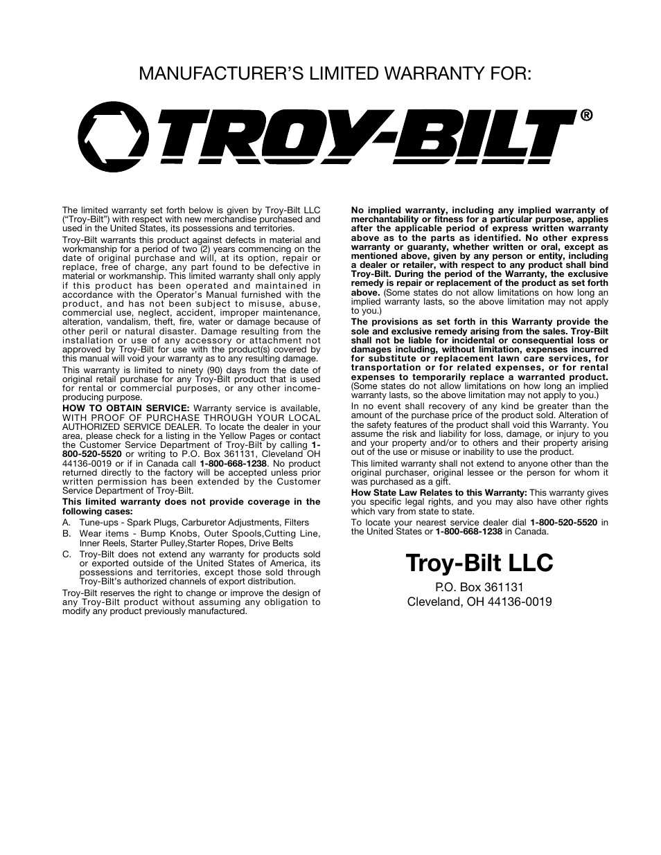 Troy-bilt llc, Manufacturer’s limited warranty for | MTD TBTB User Manual | Page 12 / 36