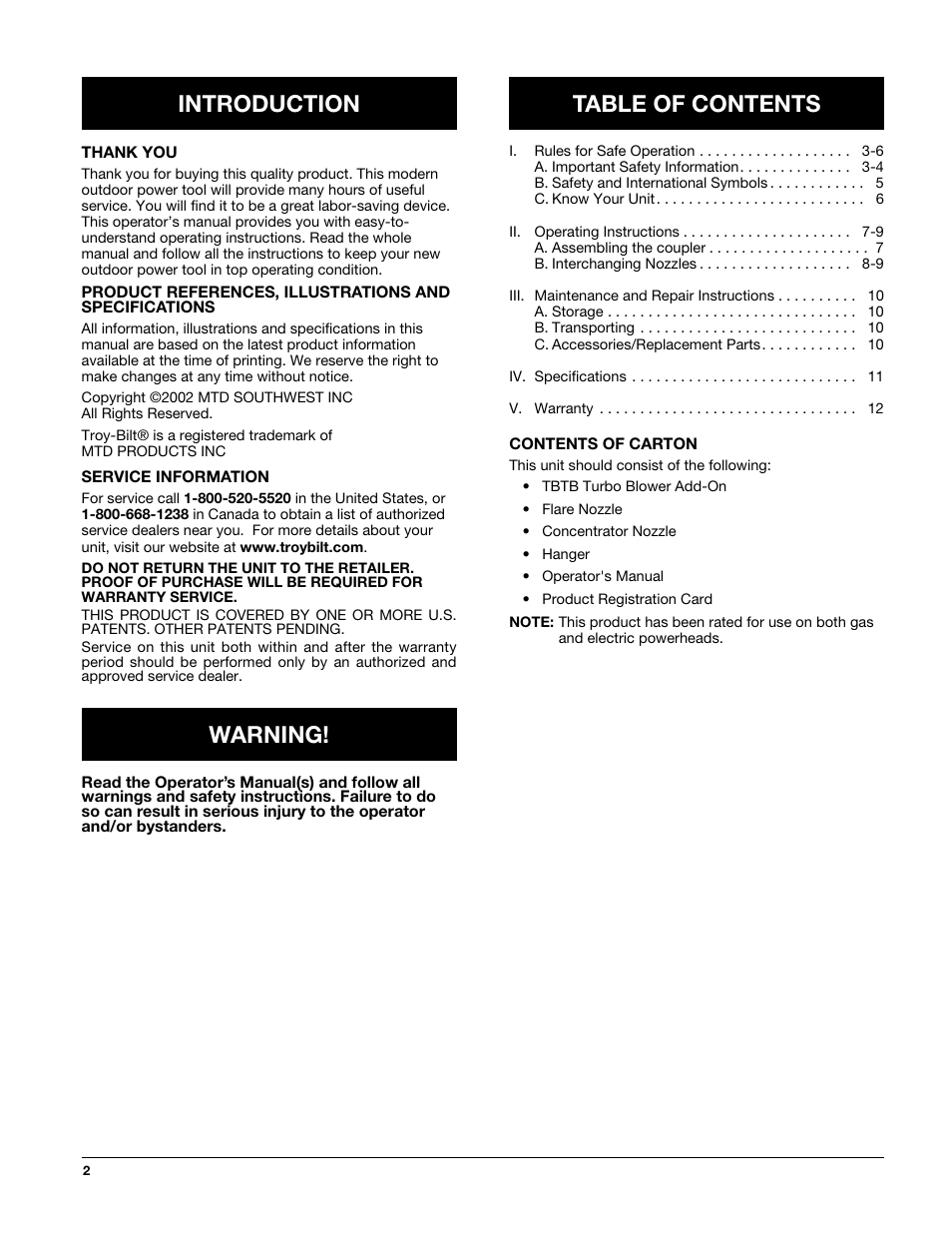Introduction table of contents, Warning | MTD TBTB User Manual | Page 2 / 36